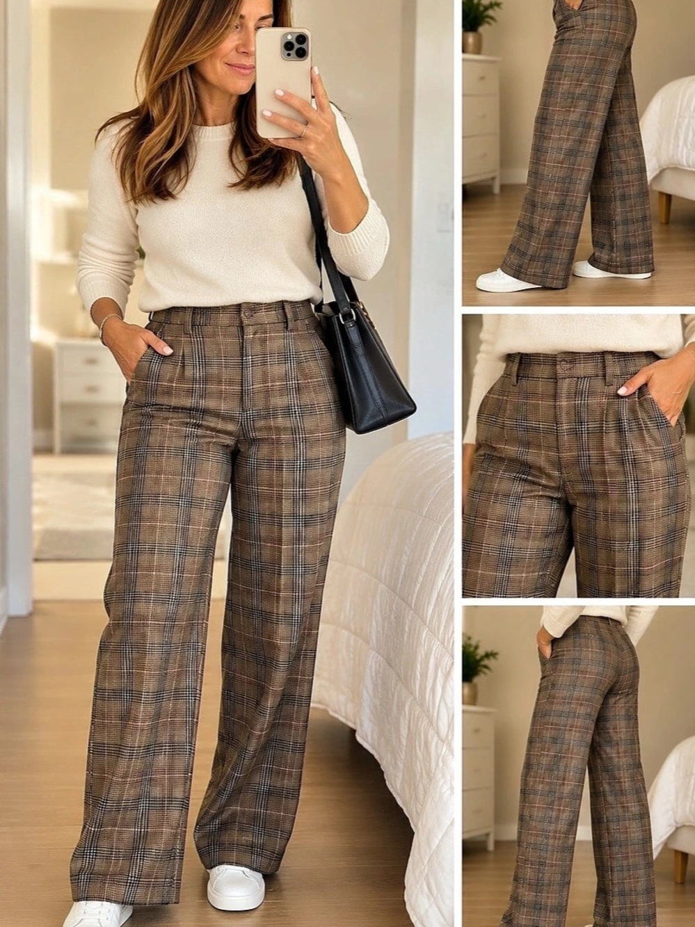 Old Navy Taylor Wide-Leg Trouser Plaid Pants Brown & Black Medium